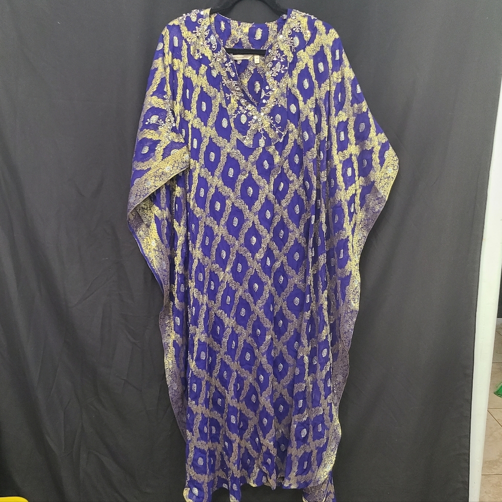 Soft Surroundings Blue & Gold Jacquard Aragon Caftan & Slip Size Small Medium